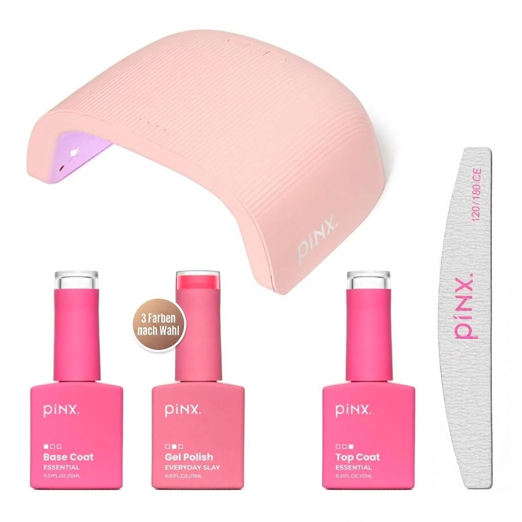 Kit Basic Gellack pinx von Cupio mit rosa UV/LED-Lampe, Base Coat, Gel Polish Everyday Slay, Top Coat und pinx Nagelfeile für die Maniküre zu Hause
