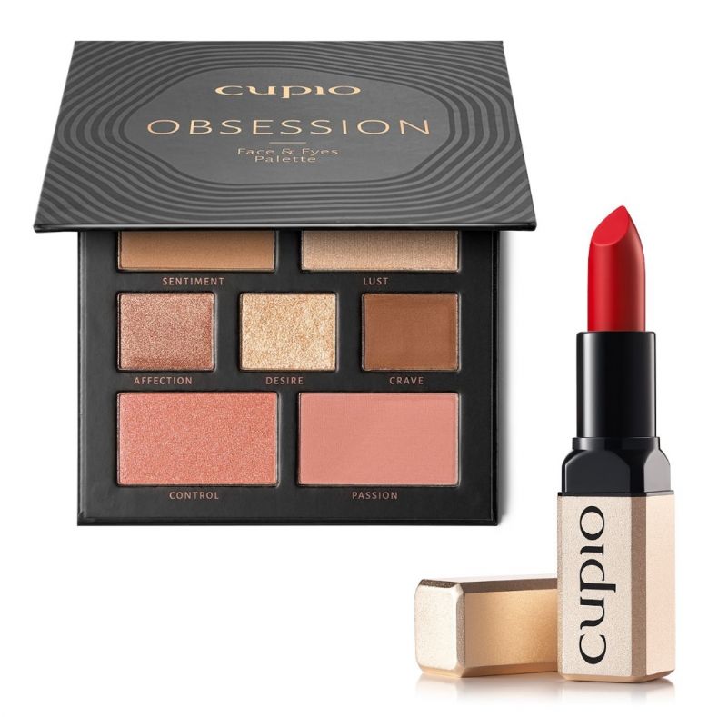 Make-up Palette für das Gesicht und die Augen von Cupio mit rotem Lippenstift