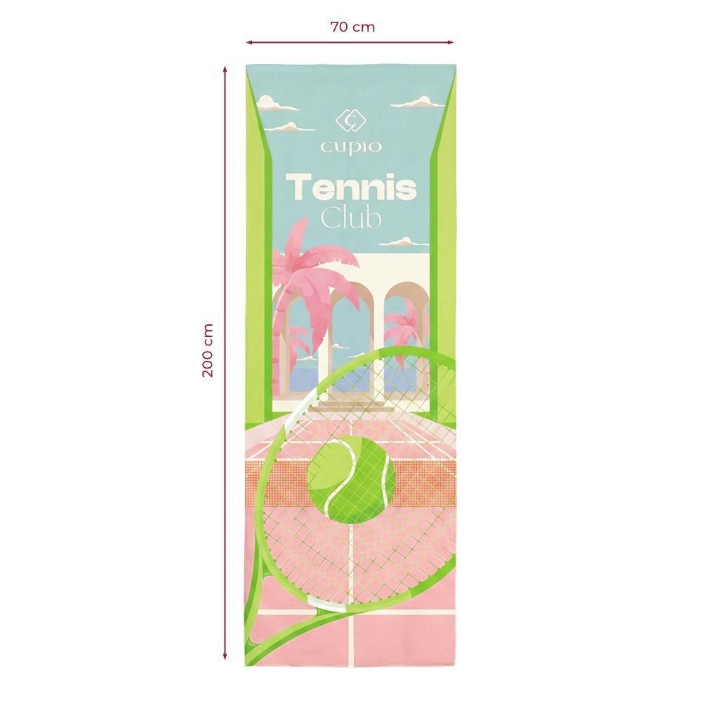 Strandtuch Tennis Club in 70 x 200 cm mit großem Tennisschläger, Tennisball und sommerlichem Tennisplatz-Design in Pastellfarben