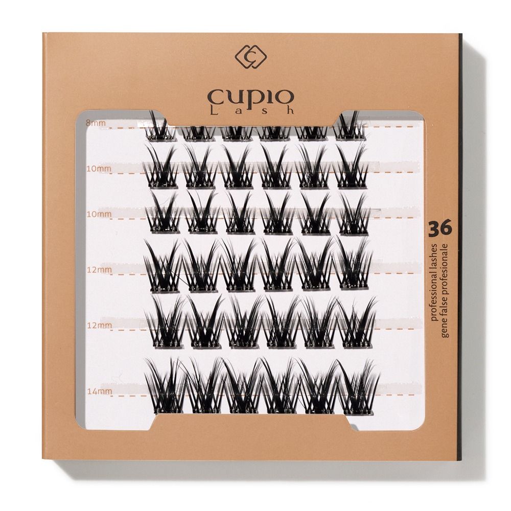 Verpackung mit Cupio Lash professionellen falschen Wimpern, 36 schwarze Wimpernbüschel in verschiedenen Längen von 8 bis 14 mm