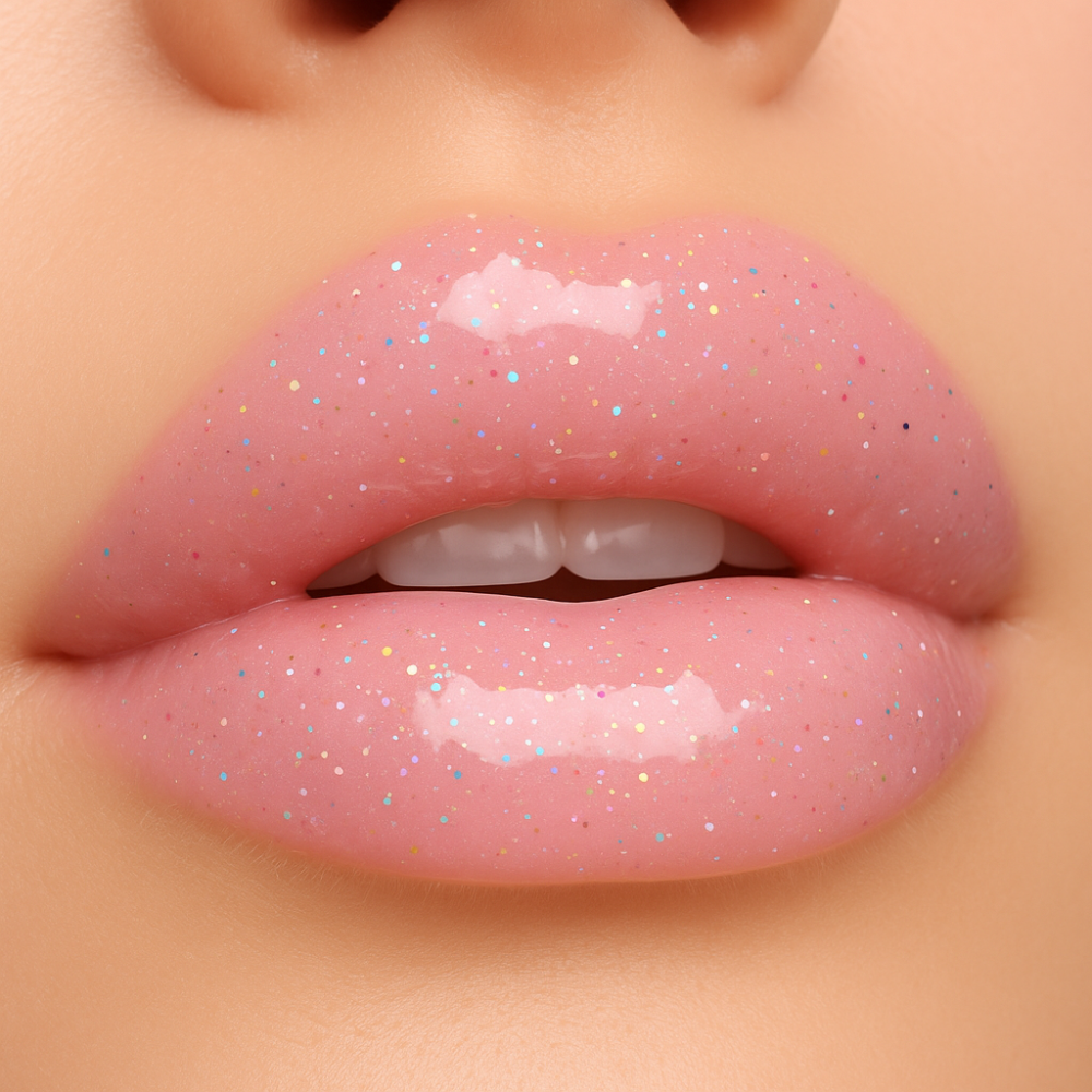 Nahaufnahme von glitzernden, glänzenden rosa Lippen mit farbigen Glitzerpartikeln.