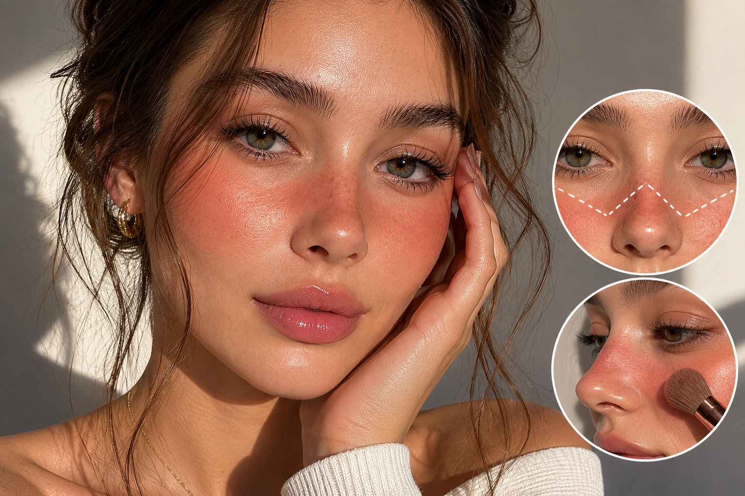 Nahaufnahme eines Models mit rosigem Blush-Look auf Wangen und Nase, inklusive Detailansichten zur Platzierung und Anwendung mit Rougepinsel