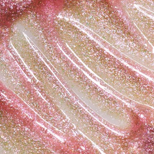 Nahaufnahme eines glitzernden Lippenbalsams in Rosa und Gold, mit schimmernden Partikeln