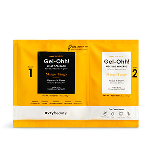 Produktbild der orlybeauty Gel-Ohh! Jelly Spa Bath Packung mit den Sorten Mango Tango und Melting Mineral auf gelber Verpackung