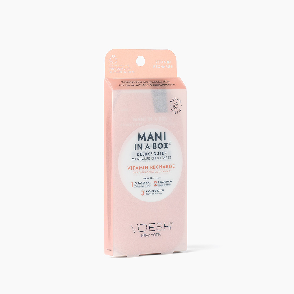 VOESH New York Mani in a Box Deluxe 3 Step Maniküre Vitamin Recharge, rosa Packung mit Sugar Scrub, Cream Mask und Massage Butter