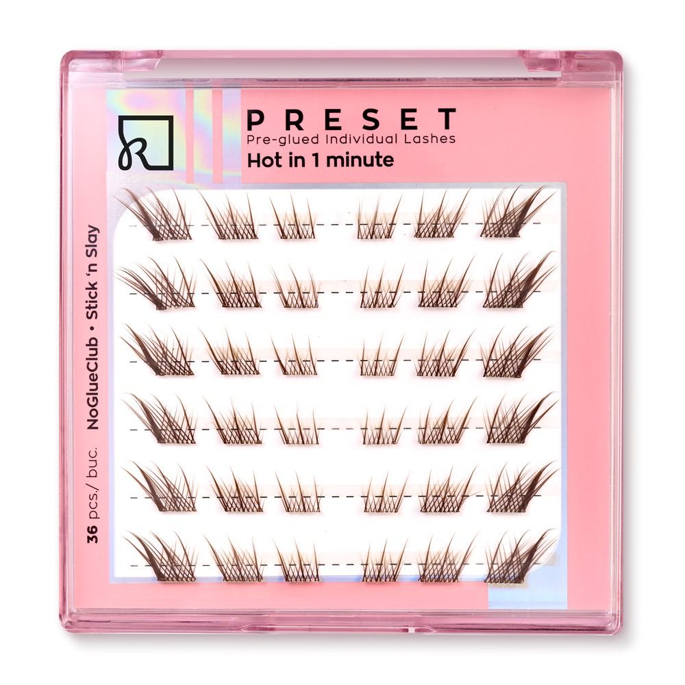 Rosa PRESET Box mit vorgeklebten Einzel-Wimpern von NoGlueClub Stick ’n Slay, mehrere Wimpernbüschel übersichtlich angeordnet