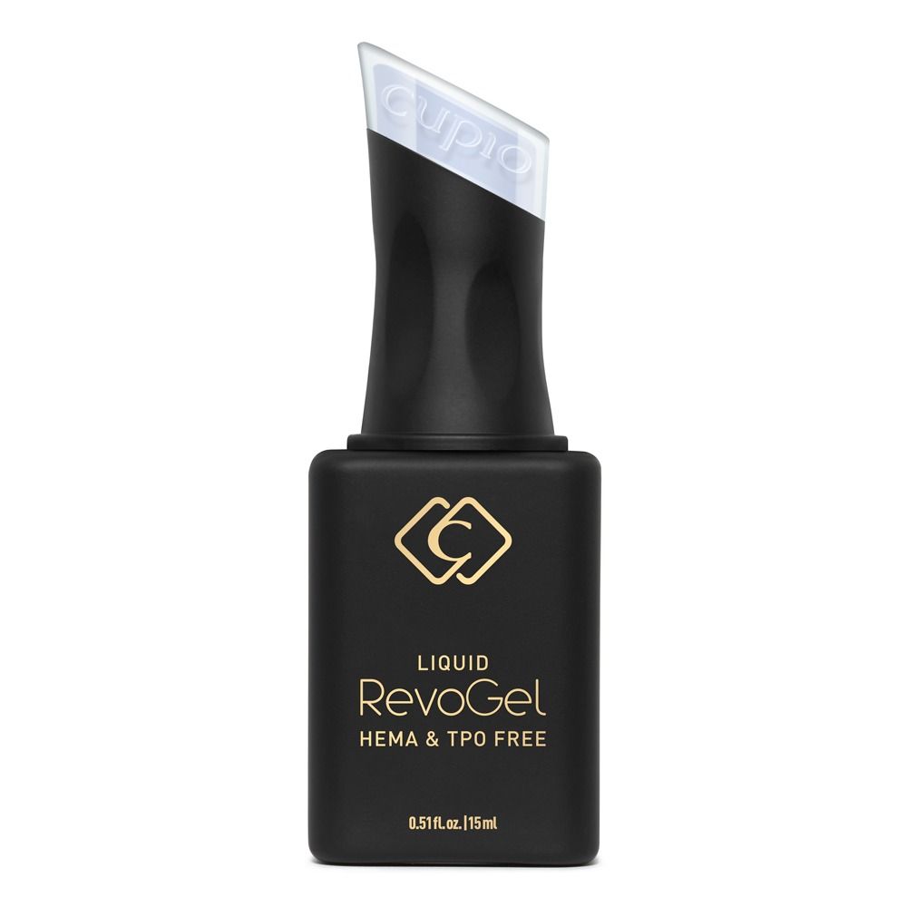 Schwarze 15-ml-Flasche Cupio Liquid RevoGel HEMA & TPO frei mit goldener Aufschrift und schrägem transparentem Verschluss