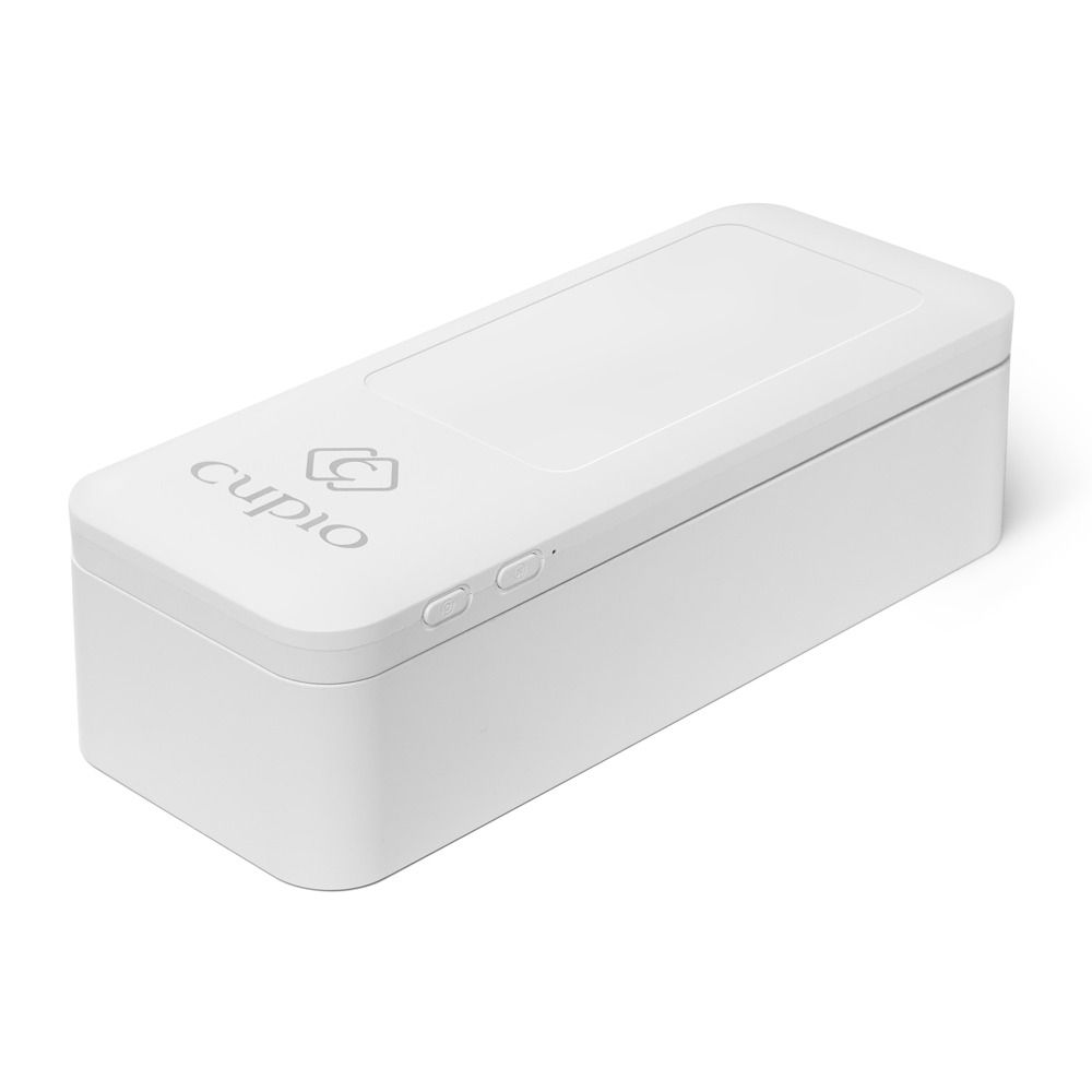 Weiße Cupio UV-Desinfektionsbox mit rechteckigem Deckel und seitlichen Tasten zur hygienischen Reinigung kleiner Gegenstände