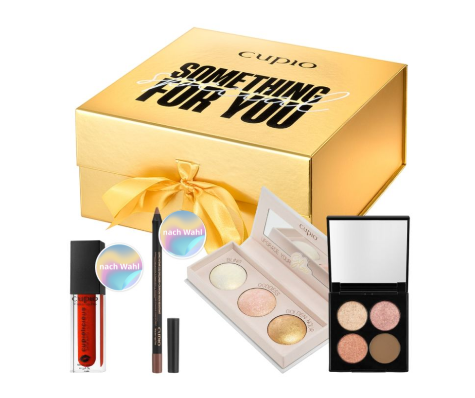 Goldene Cupio Geschenkbox mit Lippenöl, Kajalstift, Lidschattenpalette und Puderpalette.