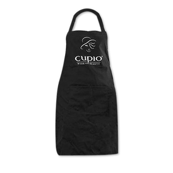 Schwarze Friseurschürze mit cupio Logo und einer praktischen Tasche