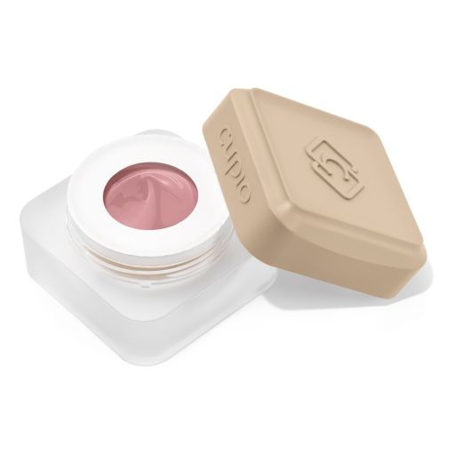 Offener Tiegel mit rosa Creme-Lidschatten und beigem Deckel