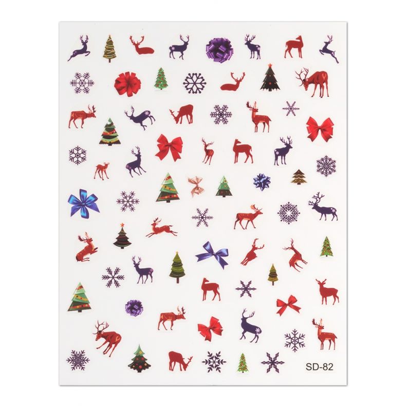 Bunte Weihnachts-Sticker mit Rentiere, Tannenbäume, Schneeflocken und Schleifen