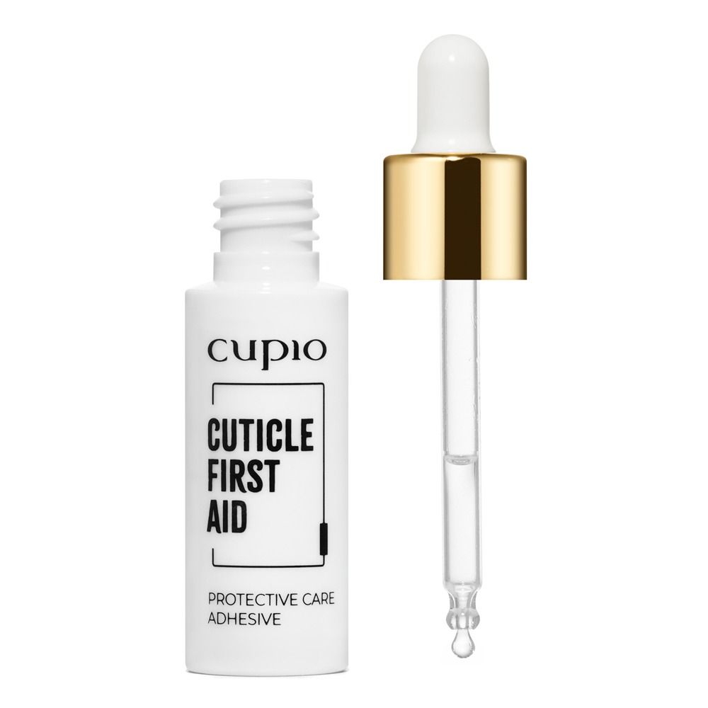 Weiße Flasche Cupio Cuticle First Aid Protective Care Adhesive mit separater Glaspipette und goldfarbenem Verschluss