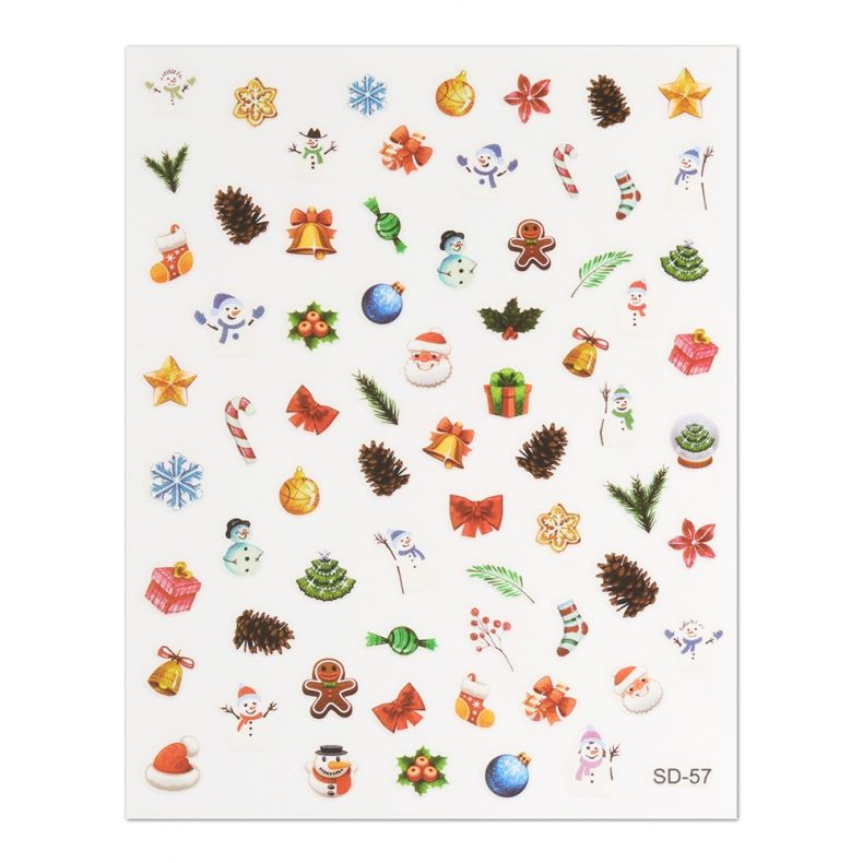 Bogen mit weihnachtlichen Stickern, darunter Schneemänner, Geschenke, Weihnachtsbaumkugeln und Glocken