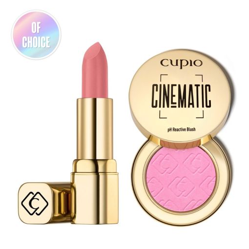 Lippenstift und Blush von Cupio Cinematic in einer eleganten goldenen Verpackung