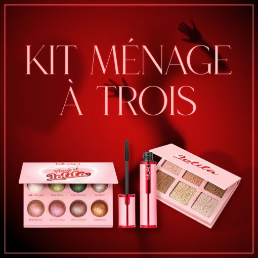 Make-up Set Kit Ménage à Trois mit Lidschattenpalette, Mascara und Lippenprodukt.