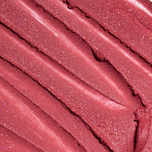 Nahaufnahme von glänzendem Rosé-Lippenstift mit funkelnden Glitterpartikeln