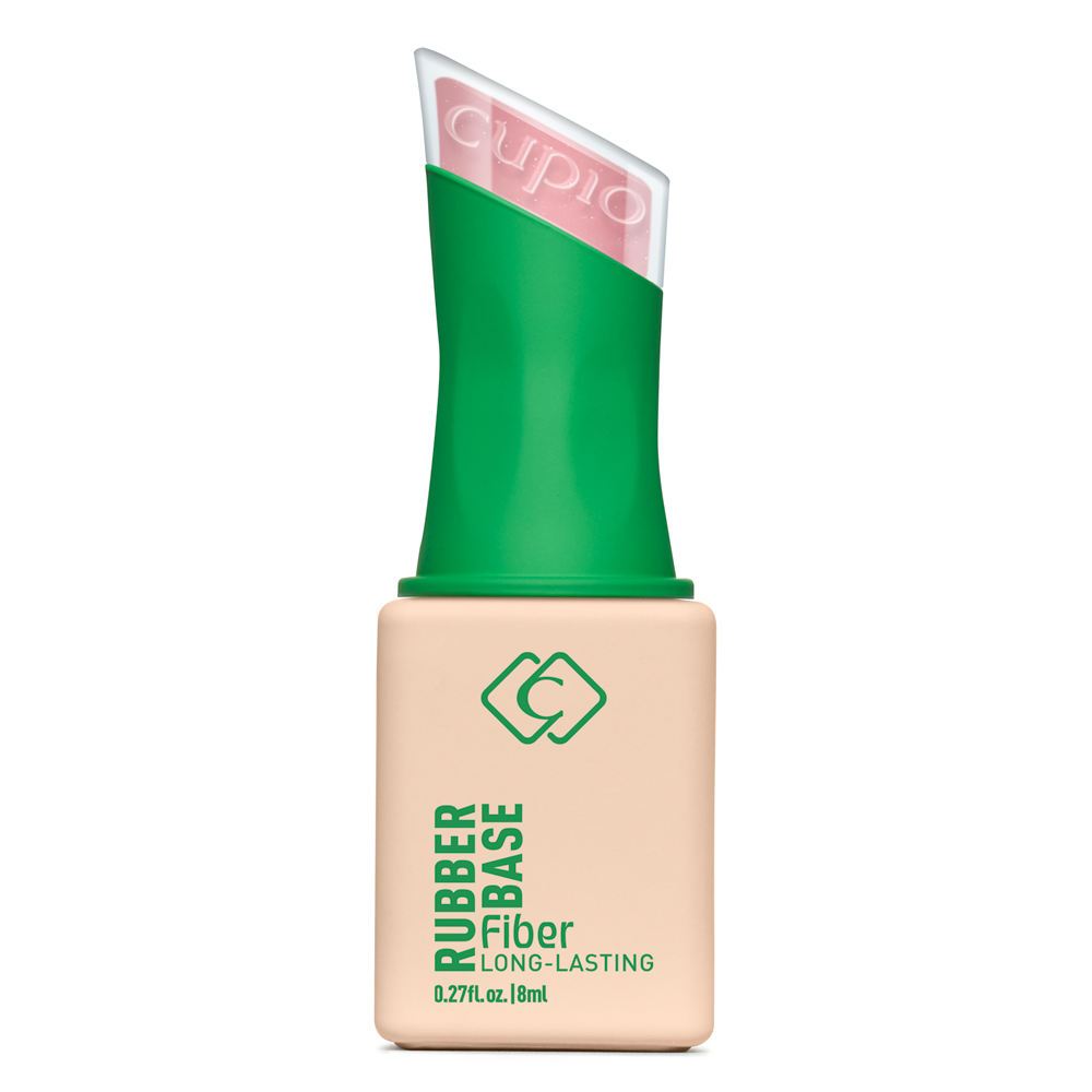 Produktabbildung der Cupio Rubber Base Fiber Long-Lasting, 8 ml, in Nude-Flasche mit grünem Verschluss für langanhaltende Gel-Maniküre