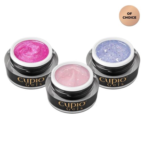 Drei Töpfe Cupio Gels in Pink, Rosa und Blau für Nagelkunst
