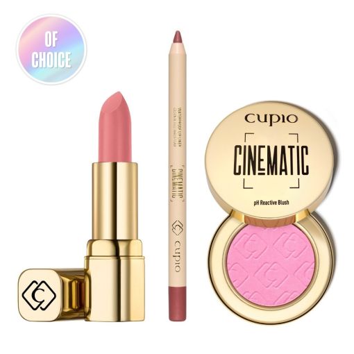 Cupio Cinematic Makeup Set mit einem rosa Lippenstift, einem Konturenstift und einem rosa Rouge.