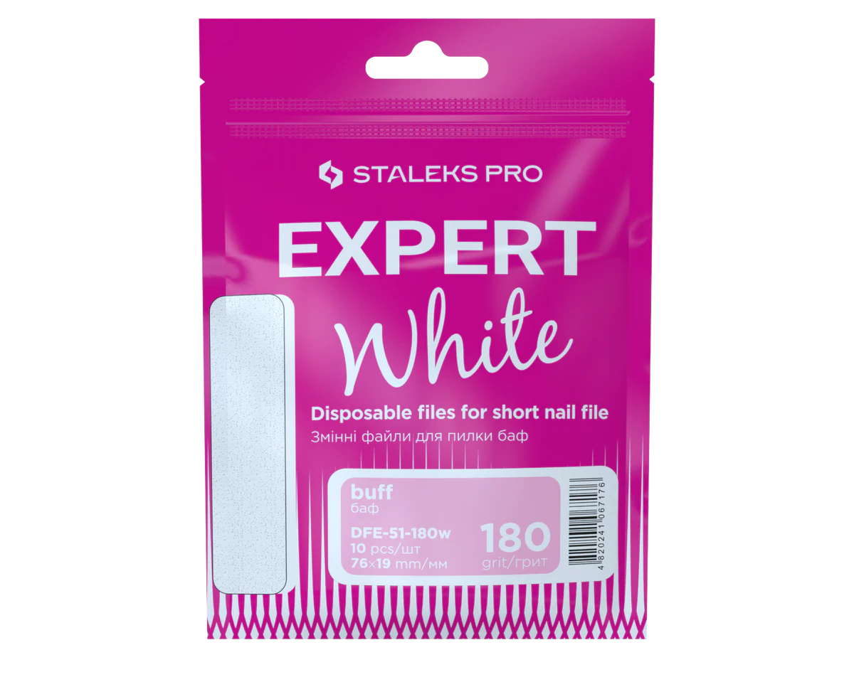 Verpackung STALEKS PRO Expert White Einwegfeilen für kurzen Nagelbuffer, 180 Grit, 10 Stück, Format 76 x 19 mm