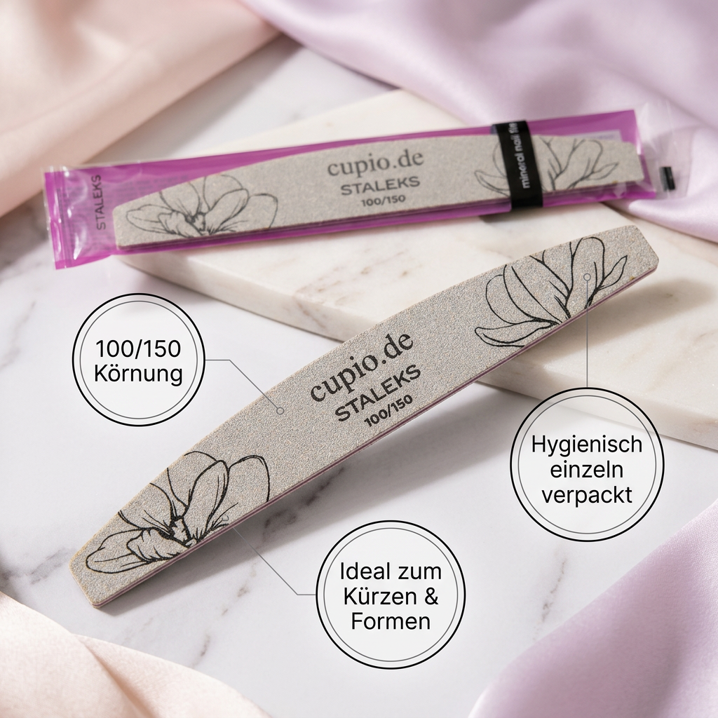 Halbmond-Mineral-Nagelfeile EXPERT 100/150 von Staleks, hygienisch einzeln verpackt, ideal zum Kürzen und Formen von Kunstnägeln und harten Naturnägeln