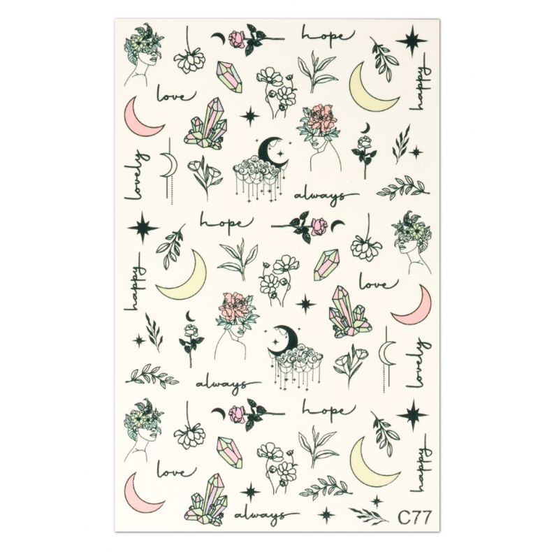 Schöner Aufkleber mit floralen Mustern, Mond und positiven Schriftzügen wie 'hope' und 'love'