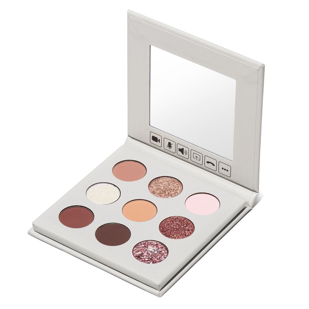 Weiße Make-up-Lidschattenpalette mit Spiegel, 8 Nuancen in Rosé, Nude, Braun und Glitzer, geöffnet dargestellt