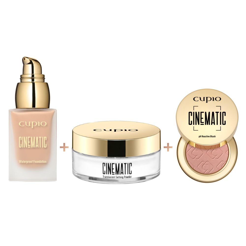 CUPIO Cinematic Make-up Set bestehend aus wasserfester Foundation, transparenter Setting-Puder und pH reaktivem Blush