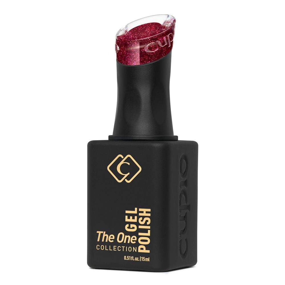 Schwarze Flasche Cuccio The One Collection Gel Polish 15 ml mit funkelndem dunkelrotem Glitter-Gel-Lack im Deckel