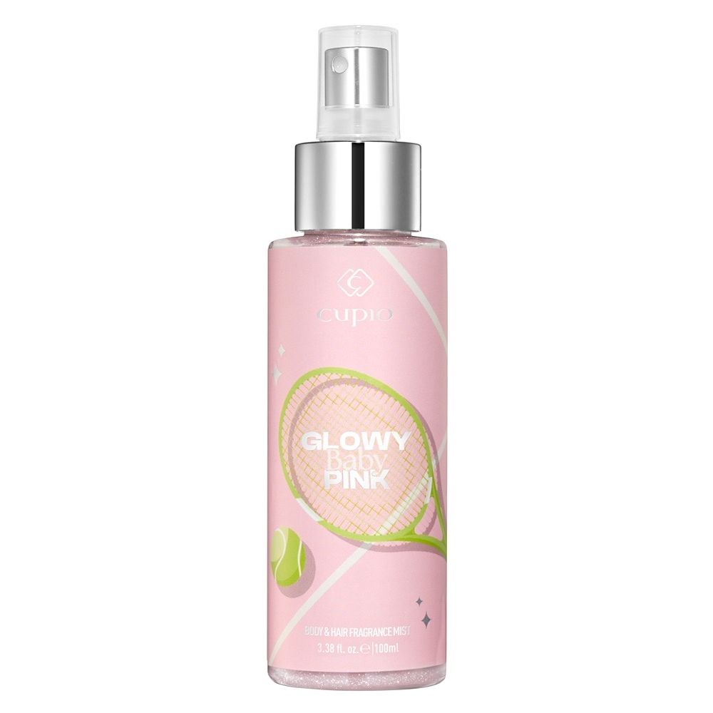 Rosa Sprühflasche von Cupio Glowy Baby Pink, Body & Hair Fragrance Mist mit 100 ml und Tennis-Design