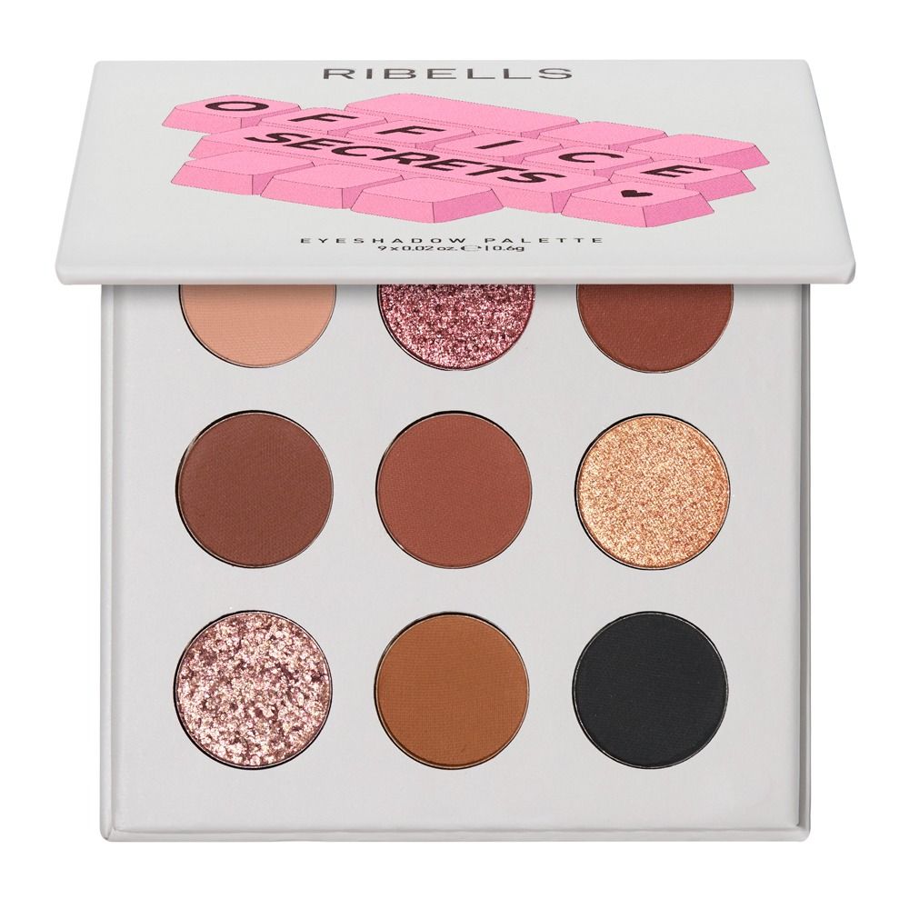 Geöffnete Ribells Office Secrets Eyeshadow Palette mit 9 Lidschatten in Nude, Braun, Rosé, Goldglitzer und Schwarz