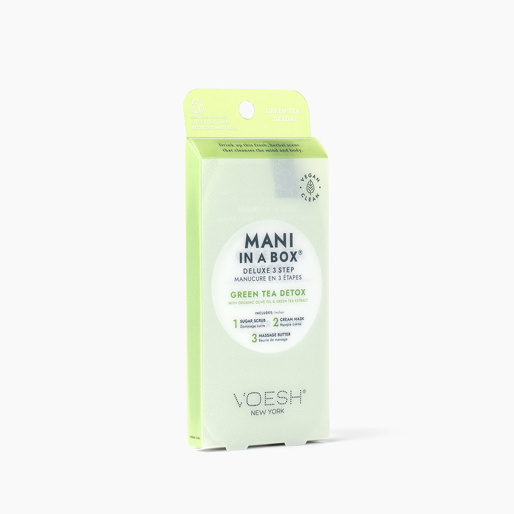 Hellgrüne Verpackung des VOESH Mani in a Box Deluxe 3 Step Green Tea Detox Maniküre-Sets mit Sugar Scrub, Cream Mask und Massage Butter
