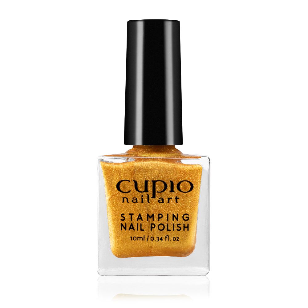 Flasche mit goldfarbigem Cupio Stamping Nagellack, ideal für kreative Nageldesigns.