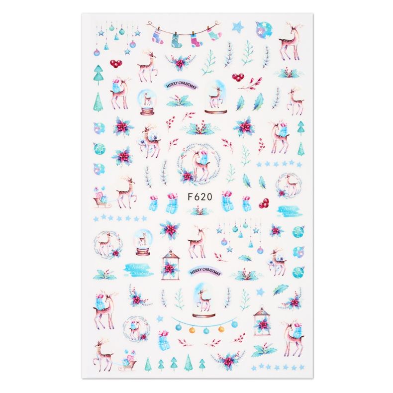 Weihnachtsaufkleber mit verschiedenen Motiven wie Rentieren, Geschenken und Schneekugeln