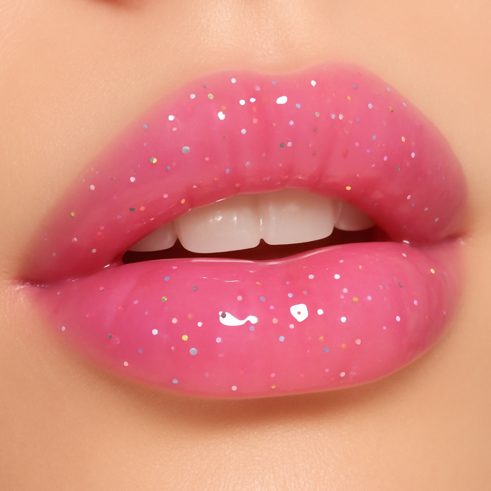 Nahaufnahme von glänzenden Lippen mit pinkem Glitzer-Lipgloss
