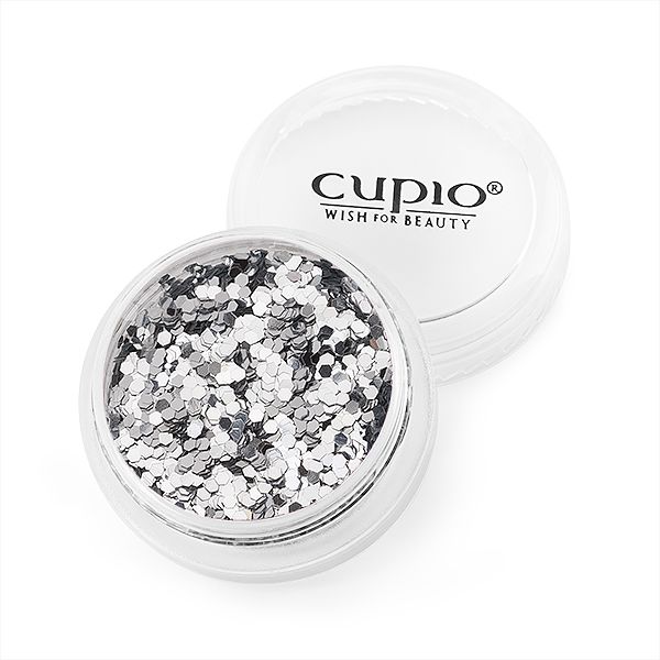 Runder Behälter mit silbernen Glitzerpartikeln von Cupio für Beauty-Anwendungen