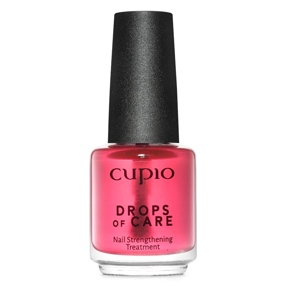 Produktbild von Cupio Drops of Care Nail Strengthening Treatment, rosa Nagelhärter in Glasflasche mit schwarzem Verschluss