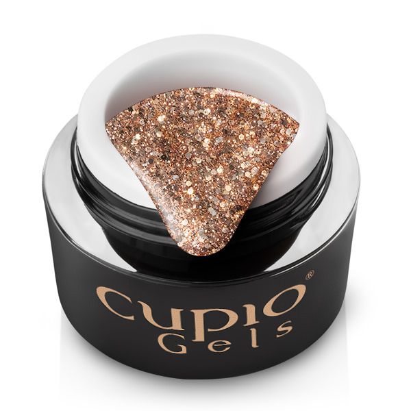 Behälter mit Cupio Gels Glitzer-Nagellack in Roségold und schimmerndem Farbprobenlöffel