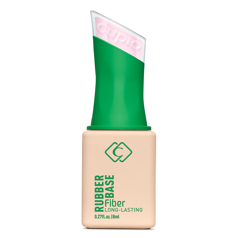 Produktbild von Cupio Rubber Base Fiber Long-Lasting, 8 ml – Nagelbasis in beigefarbener Flasche mit grünem Verschluss vor weißem Hintergrund