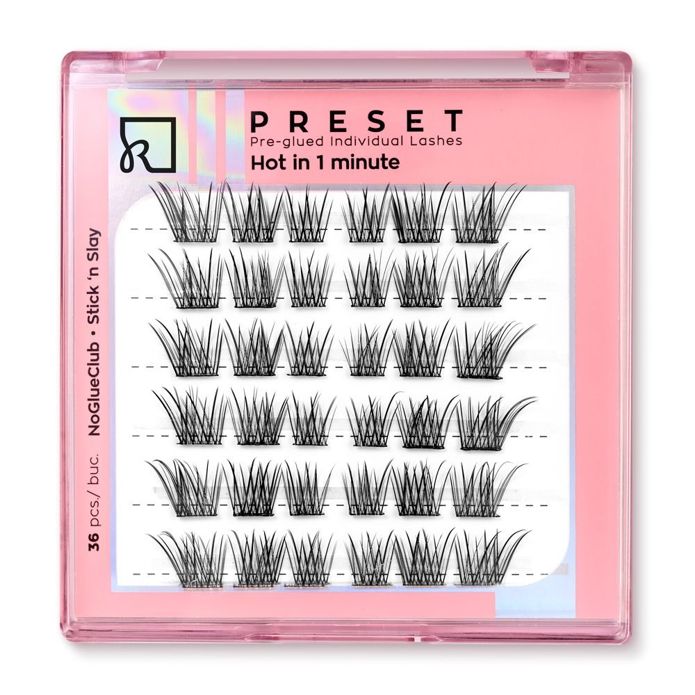 Rosa Verpackung mit PRESET Pre-glued Individual Lashes: vorgeklebte Einzelwimpern in mehreren Reihen, 36 Stück