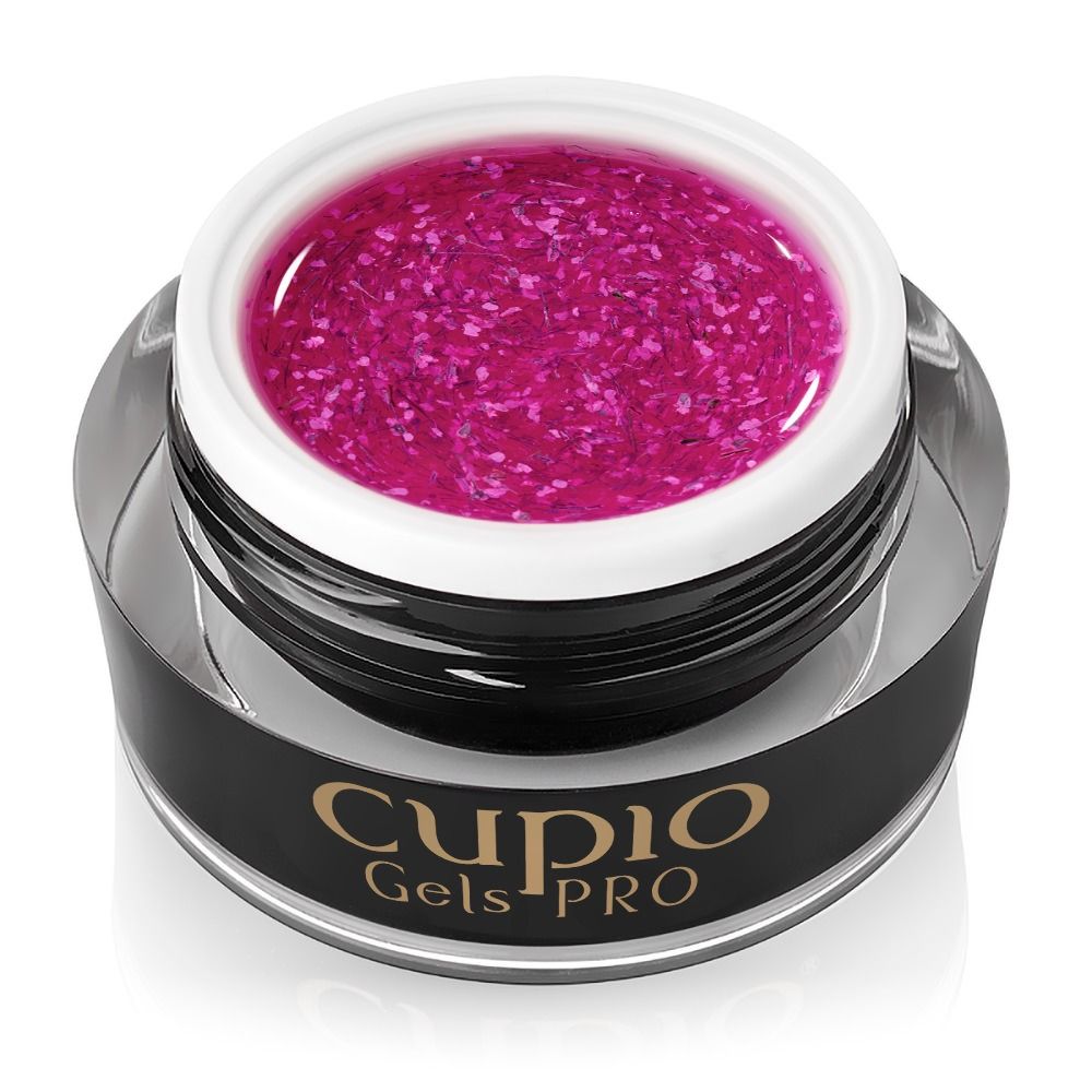 Geöffneter Tiegel Builder Gel Flower Bouquet Peony 30 ml von Cupio, pinkes Premium-Builder-Gel mit eingebetteten getrockneten Blüten für kreative Nagelmodellage und wiederverwendbare Tips