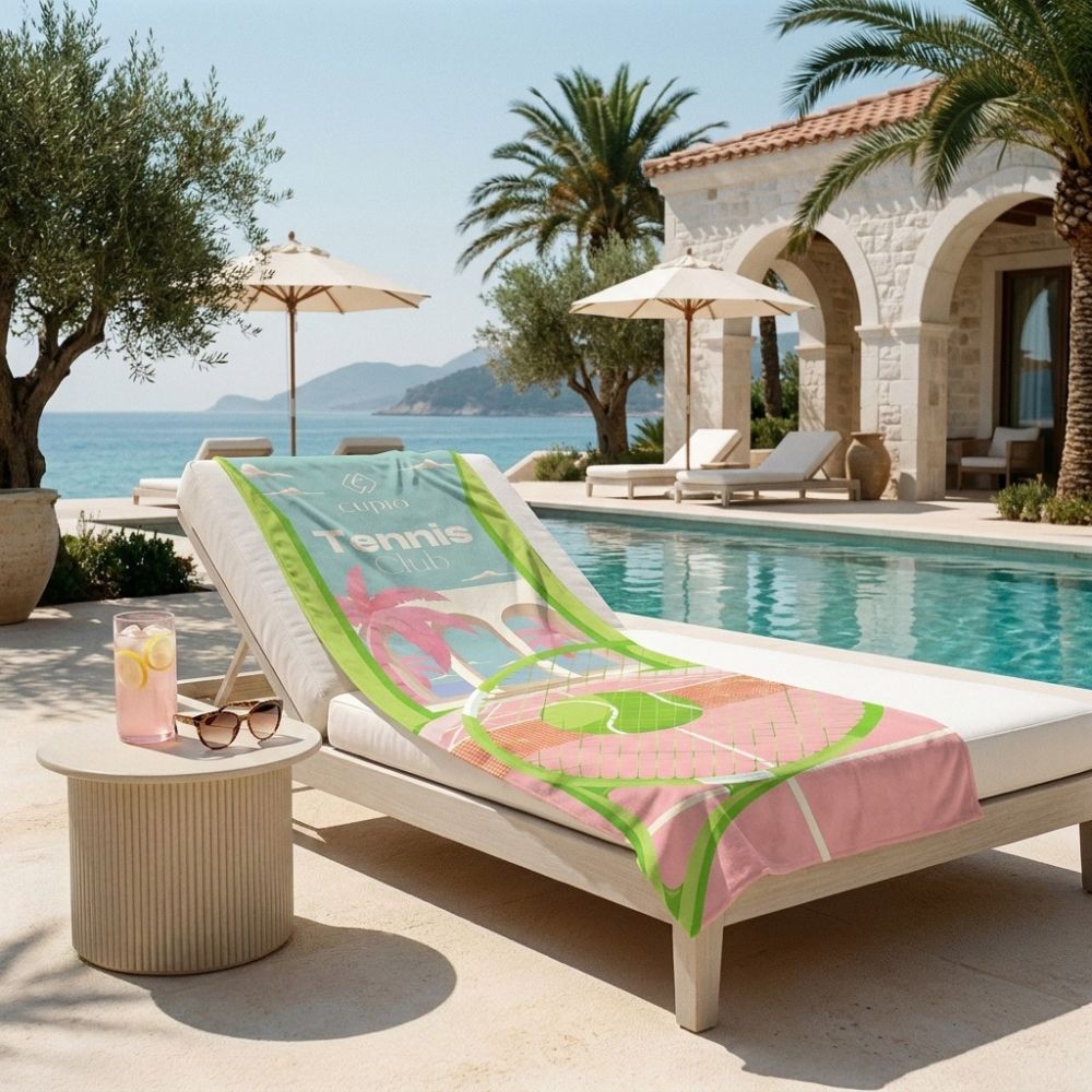 Strandtuch Cupio Tennis Club, 70 x 200 cm, mit modernem Tennis-Design in kräftigen Farben auf einer Poolliege am Meer – leicht, saugfähig und ideal für Strand, Pool und sonnige Sommertage