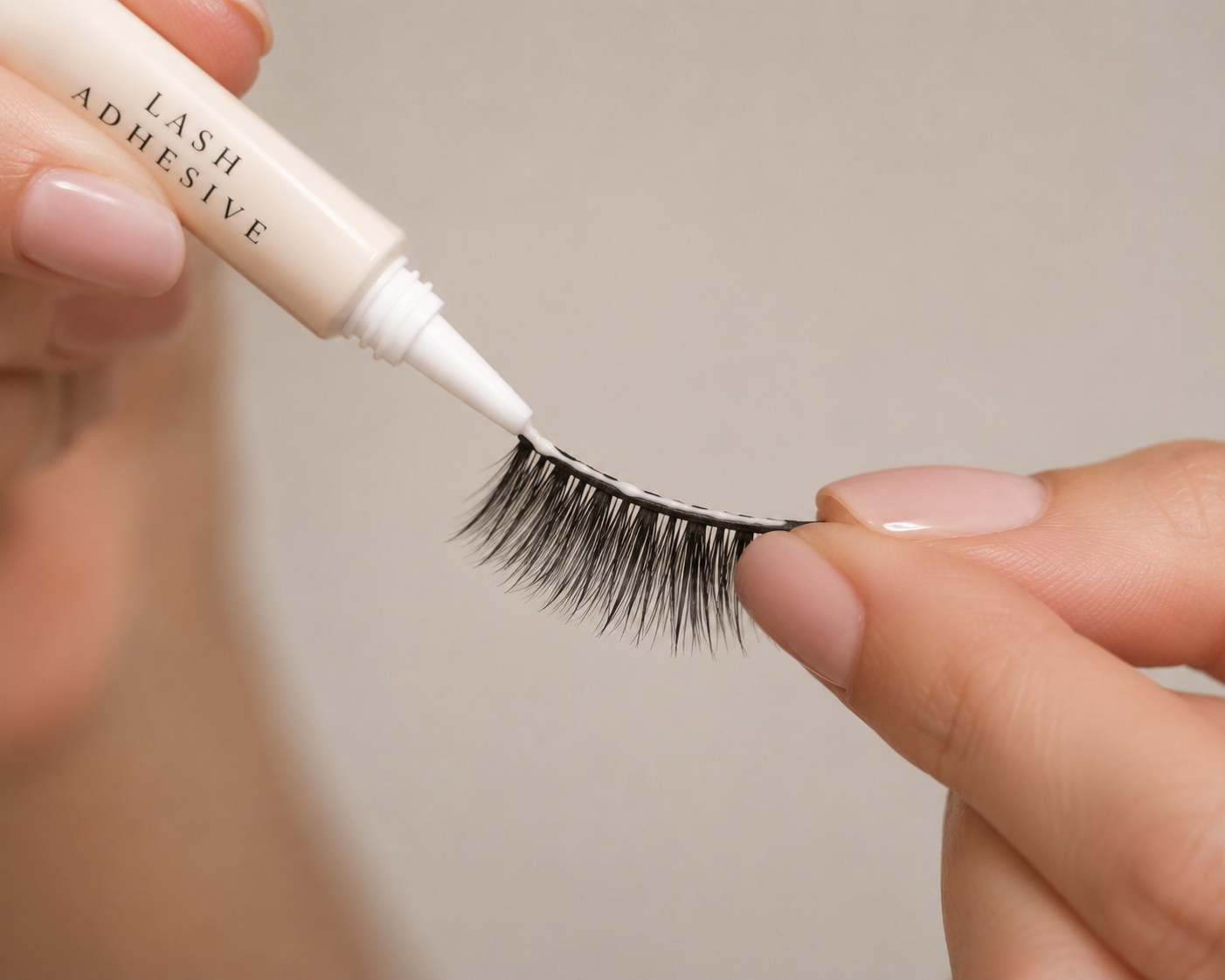 Nahaufnahme: Eine Hand trägt Wimpernkleber präzise auf den Wimpernkranz künstlicher False Lashes auf.