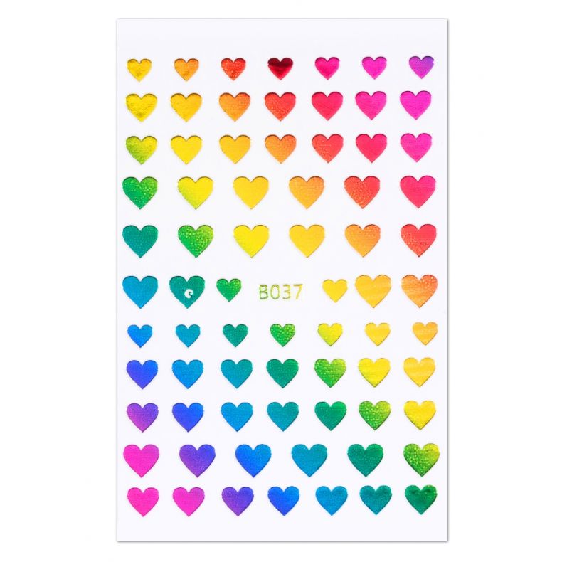 Buntes Stickerblatt mit Herzen in verschiedenen Farben und Größen