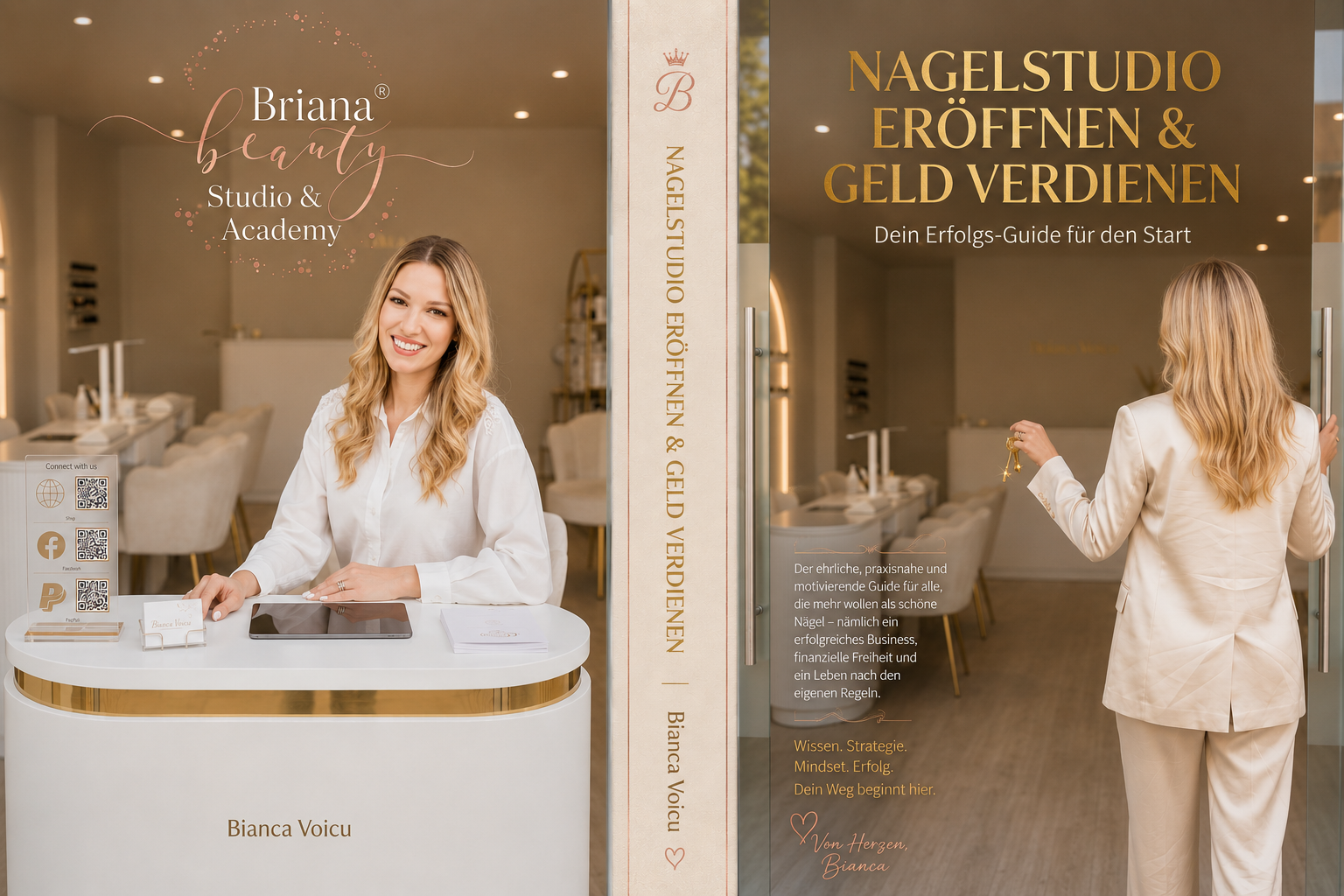 Buchcover des Ratgebers „Nagelstudio eröffnen & Geld verdienen – Dein Erfolgs-Guide für den Start“ mit Bianca Voicu im Nagelstudio