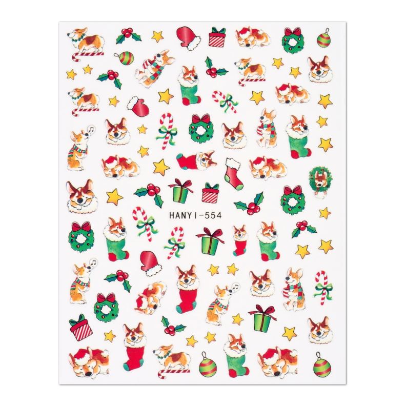 Bunt gestaltete Corgi-Sticker mit Weihnachtsmotiven, wie Geschenke und Weihnachtsdekorationen
