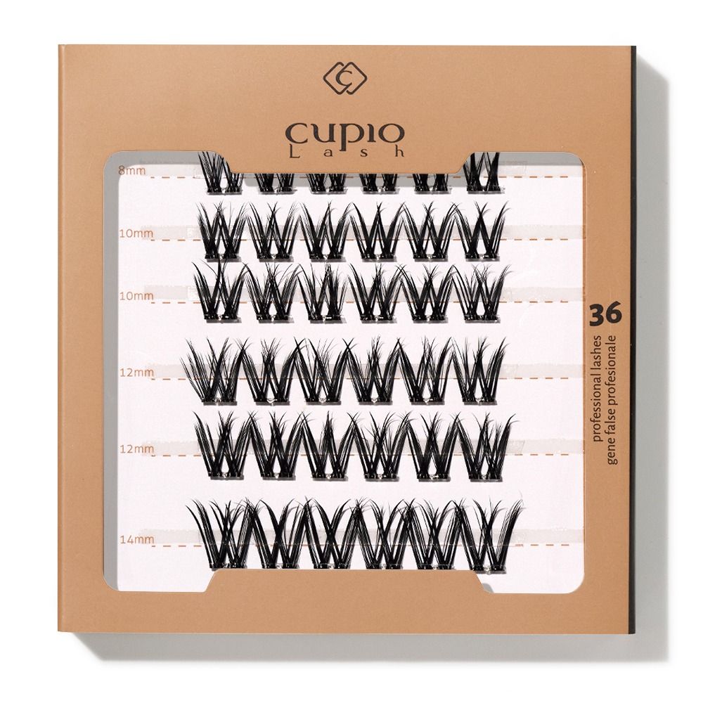 Verpackung mit Cupio Lash professionellen falschen Wimpernbüscheln, 36 Stück, in den Längen 8 mm, 10 mm, 12 mm und 14 mm