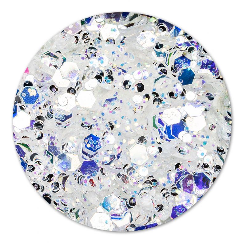 Nahaufnahme von glitzernden Sequins in Weiß, Blau und Schwarz