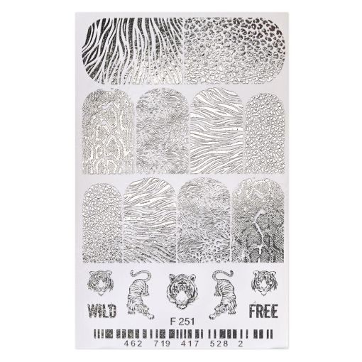 Nagelsticker mit verschiedenen Tiermustern und Leoparden-Designs in Schwarz und Silber